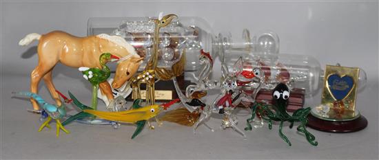 A Beswick Palomino foal and a collection of miniature coloured glass animals,